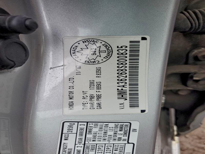 96717985 :رقم المزاد ، JHMFA36268S800835 vin ، 2008 Honda Civic مزاد بيع