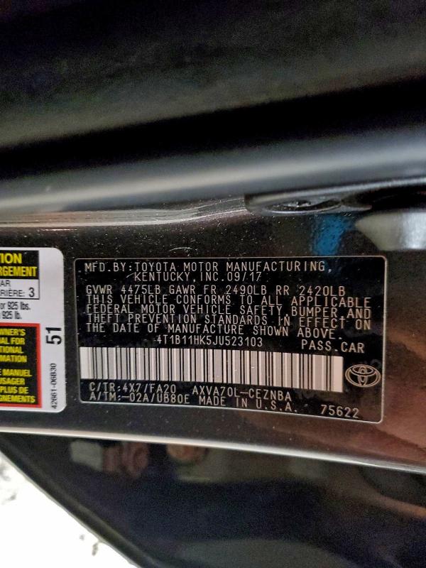 2018 Toyota Camry მანქანა იყიდება აუქციონზე, vin: 4T1B11HK5JU523103, აუქციონის ნომერი: 97228105