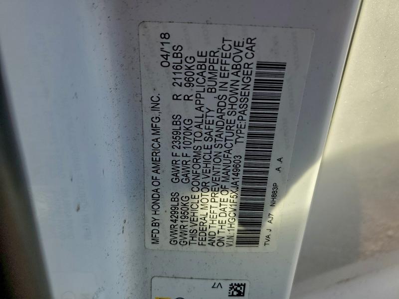 94708685 :رقم المزاد ، 1HGCV1F5XJA149603 vin ، 2018 Honda Accord مزاد بيع