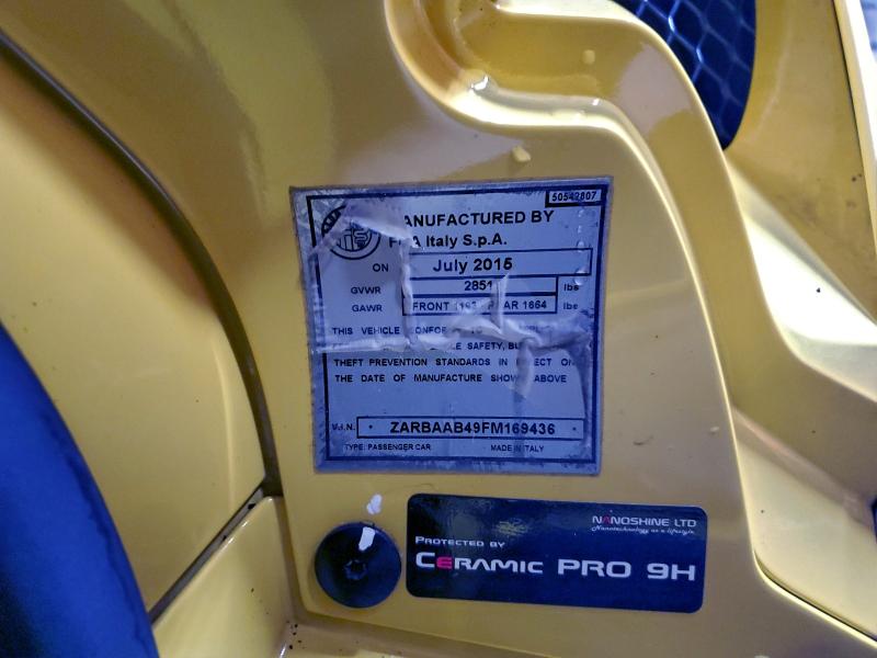 Aukcja sprzedaży 2015 Alfa Romeo 4c Spider, vin: ZARBAAB49FM169436, numer aukcji: 95291635