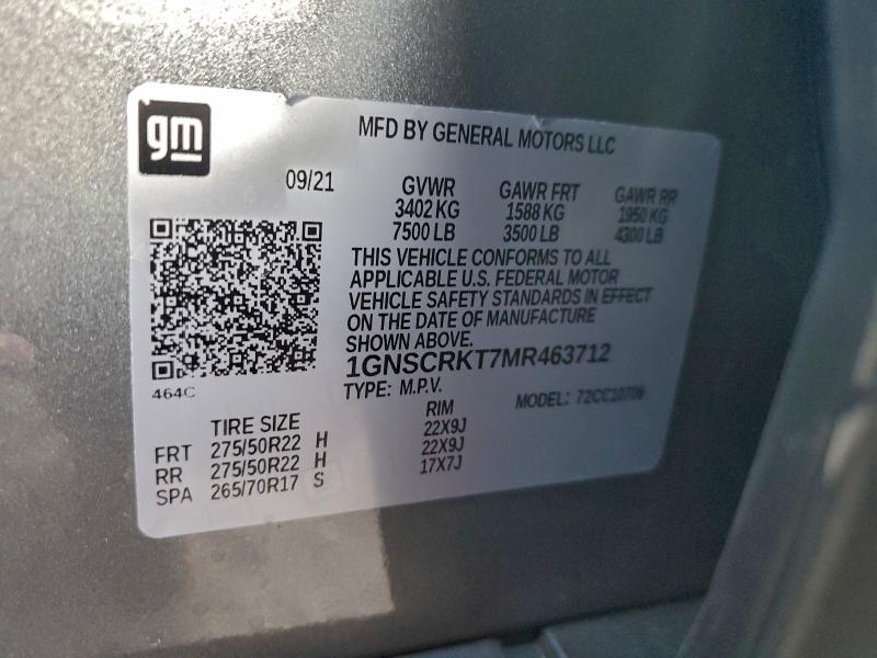 95767695 :رقم المزاد ، 1GNSCRKT7MR463712 vin ، 2021 Chevrolet Tahoe مزاد بيع