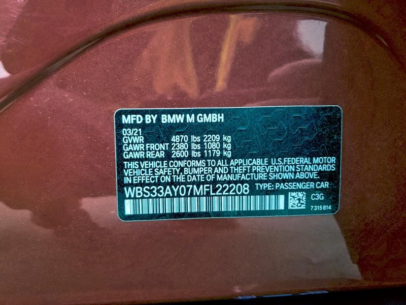 Продажа на аукционе авто 2021 Bmw M3, vin: WBS33AY07MFL22208, номер лота: 96907315