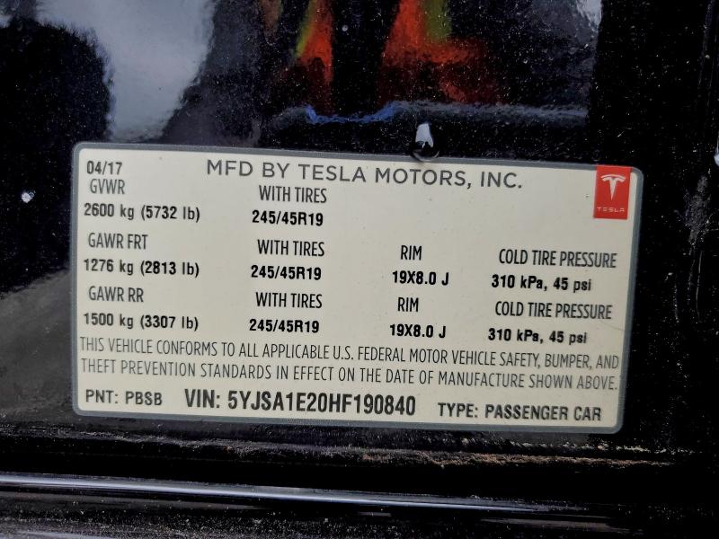 2017 Tesla Model S მანქანა იყიდება აუქციონზე, vin: 5YJSA1E20HF190840, აუქციონის ნომერი: 94758695