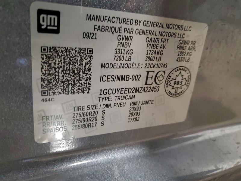 94784195 :رقم المزاد ، 1GCUYEED2MZ422453 vin ، 2021 Chevrolet Silverado مزاد بيع