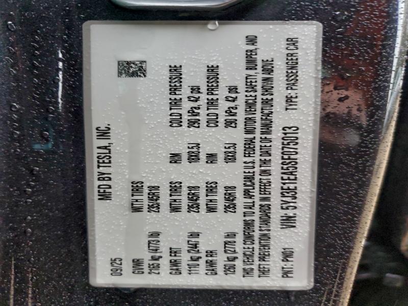 Aukcja sprzedaży 2025 Tesla Model 3, vin: 5YJ3E1EA5SF075013, numer aukcji: 95496265
