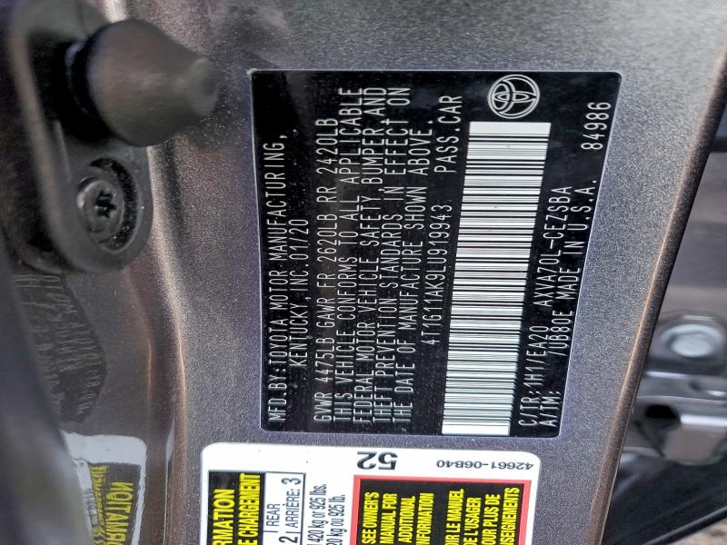 97048225 :رقم المزاد ، 4T1G11AK9LU919943 vin ، 2020 Toyota Camry مزاد بيع