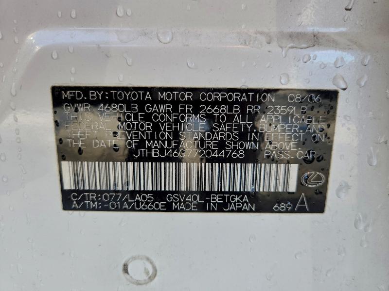 Aukcja sprzedaży 2007 Lexus Es, vin: JTHBJ46G772044768, numer aukcji: 96963045