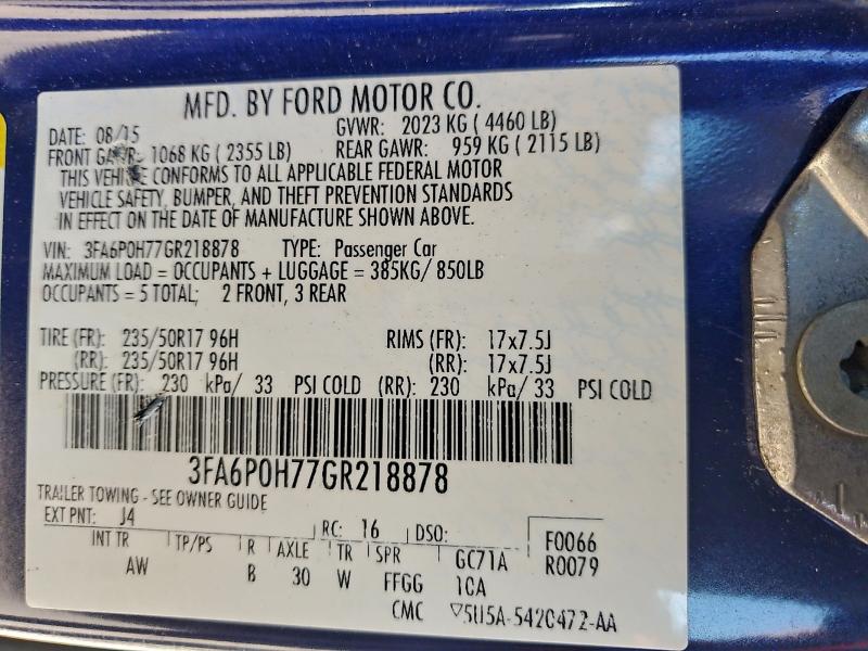Продаж на аукціоні авто 2016 Ford Fusion, vin: 3FA6P0H77GR218878, номер лоту: 94214125
