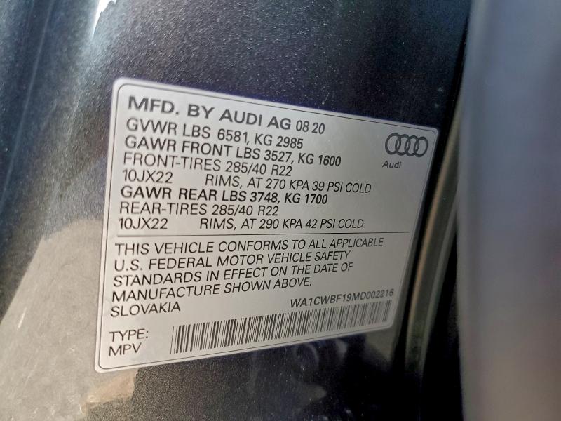 2021 Audi Sq8 მანქანა იყიდება აუქციონზე, vin: WA1CWBF19MD002216, აუქციონის ნომერი: 97761175