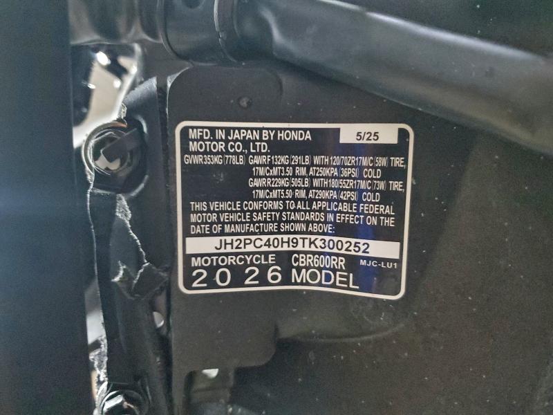 Aukcja sprzedaży 2026 Honda Cbr600, vin: JH2PC40H9TK300252, numer aukcji: 95557755
