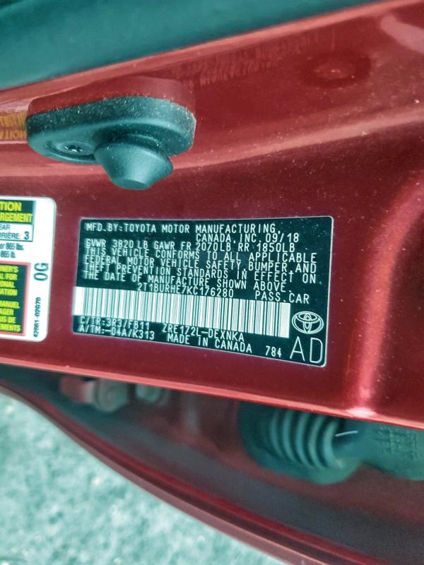Продаж на аукціоні авто 2019 Toyota Corolla L, vin: 2T1BURHE7KC176280, номер лоту: 96034145