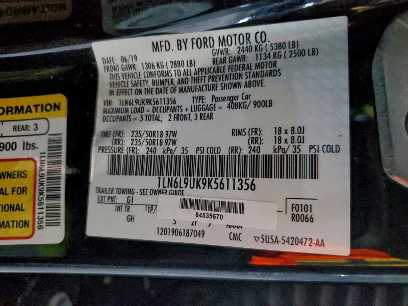 Auction sale of the 2019 Lincoln Continental, vin: 1LN6L9UK9K5611356, lot number: 95738495