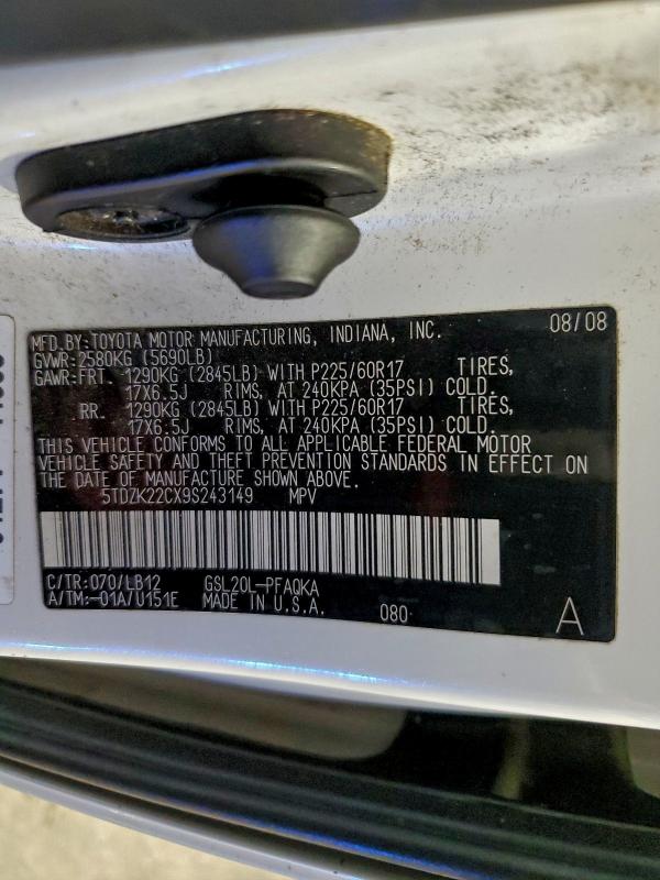 Aukcja sprzedaży 2009 Toyota Sienna, vin: 5TDZK22CX9S243149, numer aukcji: 94432175