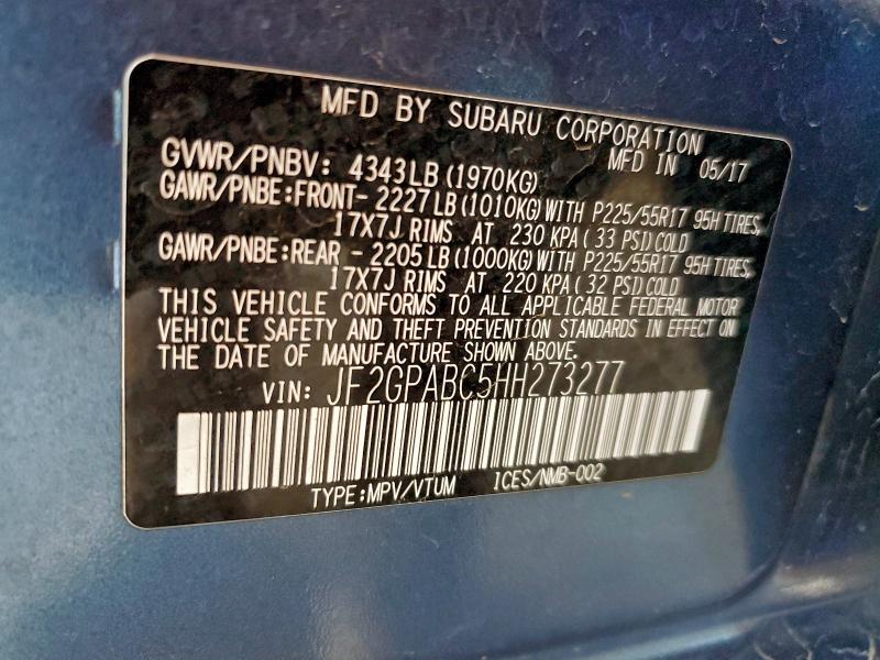 2017 Subaru Crosstrek მანქანა იყიდება აუქციონზე, vin: JF2GPABC5HH273277, აუქციონის ნომერი: 94576635