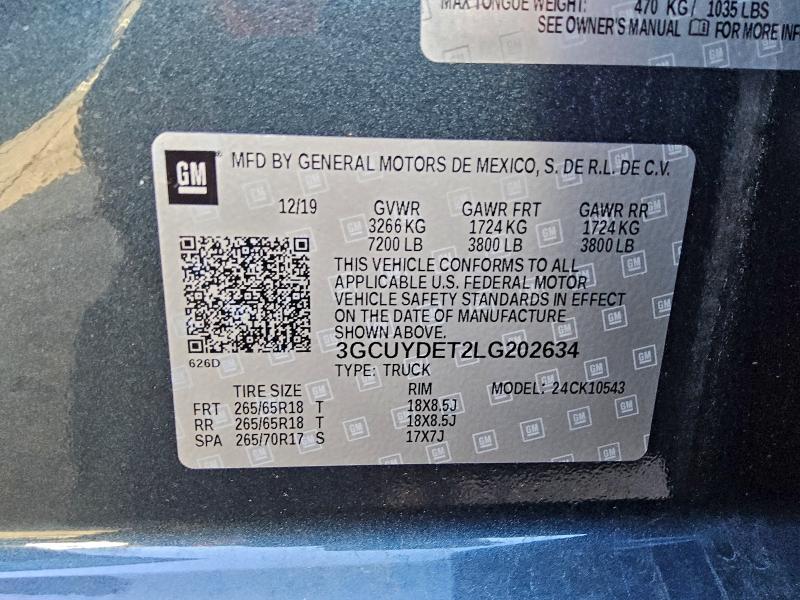 94035905 :رقم المزاد ، 3GCUYDET2LG202634 vin ، 2020 Chevrolet Silverado مزاد بيع
