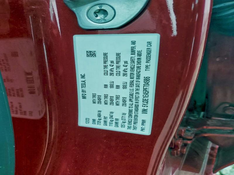 2023 Tesla Model 3 მანქანა იყიდება აუქციონზე, vin: 5YJ3E1EA5PF704986, აუქციონის ნომერი: 95110715