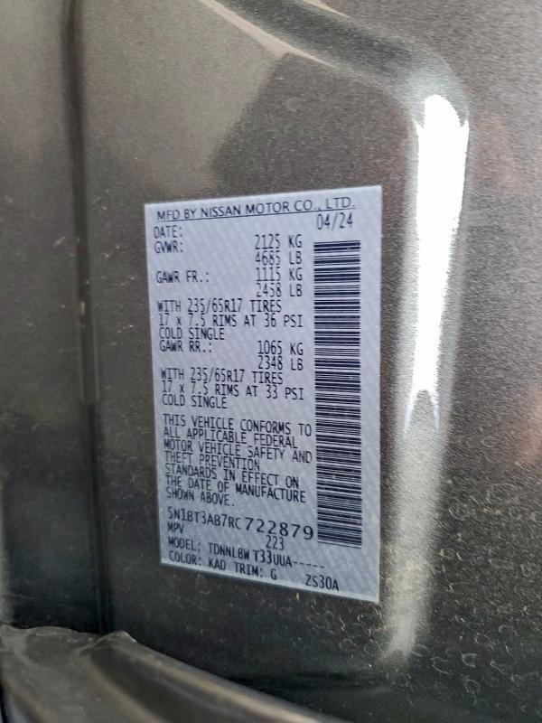 2024 Nissan Rogue S მანქანა იყიდება აუქციონზე, vin: 5N1BT3AB7RC722879, აუქციონის ნომერი: 98841595