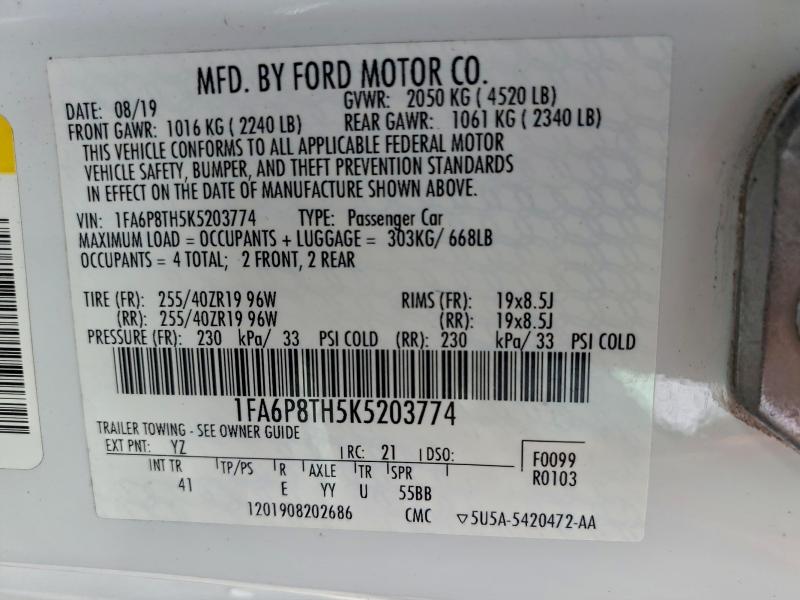 96518725 :رقم المزاد ، 1FA6P8TH5K5203774 vin ، 2019 Ford Mustang مزاد بيع