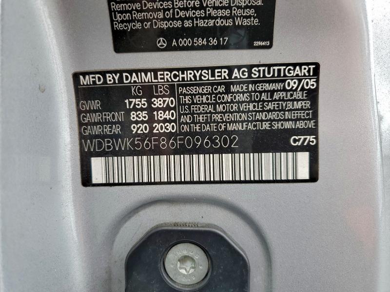 Aukcja sprzedaży 2006 Mercedes-benz Slk, vin: WDBWK56F86F096302, numer aukcji: 94175355