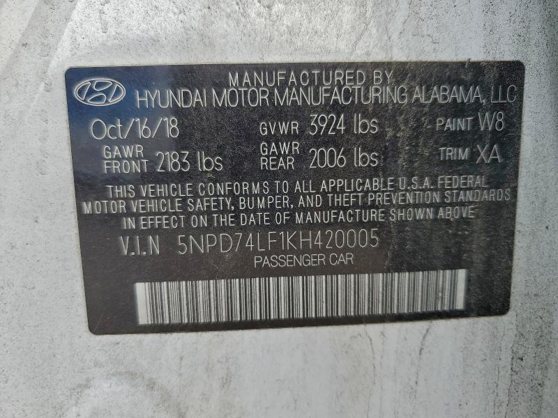 2019 Hyundai Elantra მანქანა იყიდება აუქციონზე, vin: 5NPD74LF1KH420005, აუქციონის ნომერი: 97741755