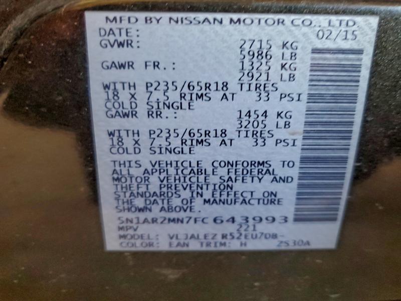 2015 Nissan Pathfinder მანქანა იყიდება აუქციონზე, vin: 5N1AR2MN7FC643993, აუქციონის ნომერი: 96603565