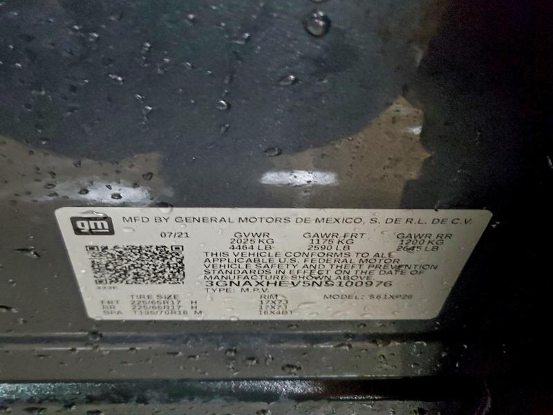 95529515 :رقم المزاد ، 3GNAXHEV5NS100976 vin ، 2022 Chevrolet Equinox مزاد بيع