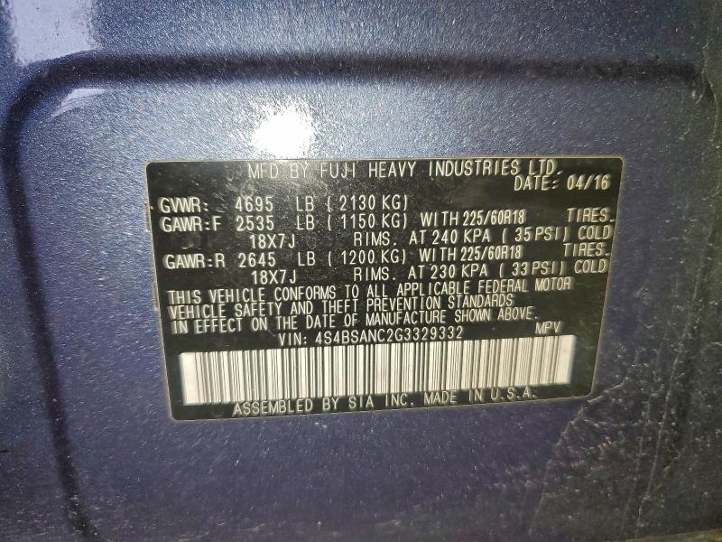 94730755 :رقم المزاد ، 4S4BSANC2G3329332 vin ، 2016 Subaru Outback مزاد بيع