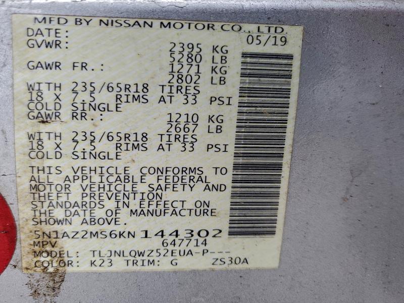 95628325 :رقم المزاد ، 5N1AZ2MS6KN144302 vin ، 2019 Nissan Murano مزاد بيع