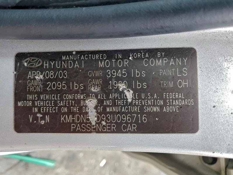 96386005 :رقم المزاد ، KMHDN55D93U096716 vin ، 2003 Hyundai Elantra مزاد بيع