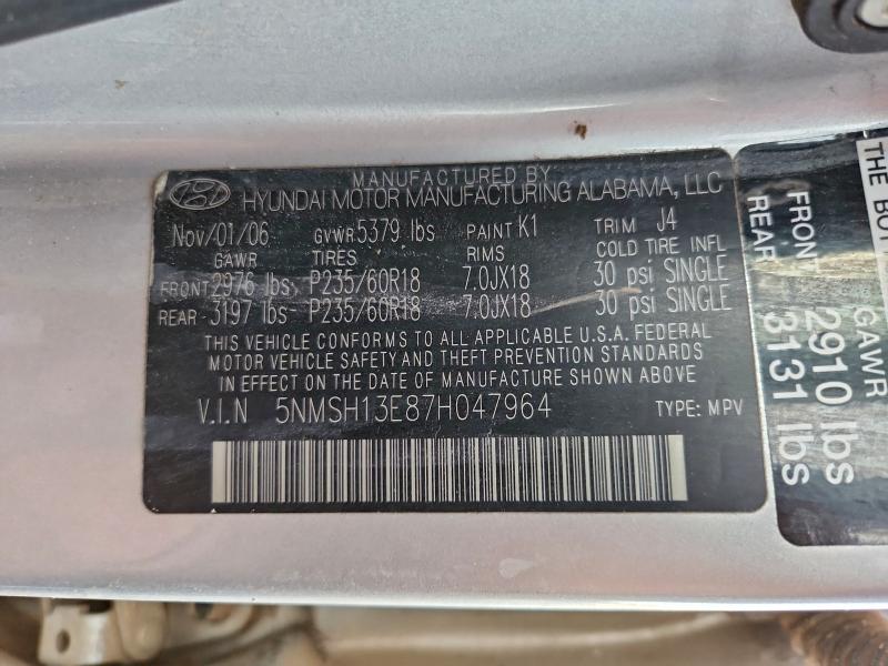 Auction sale of the 2007 Hyundai Santa Fe, vin: 5NMSH13E87H047964, lot number: 95339505