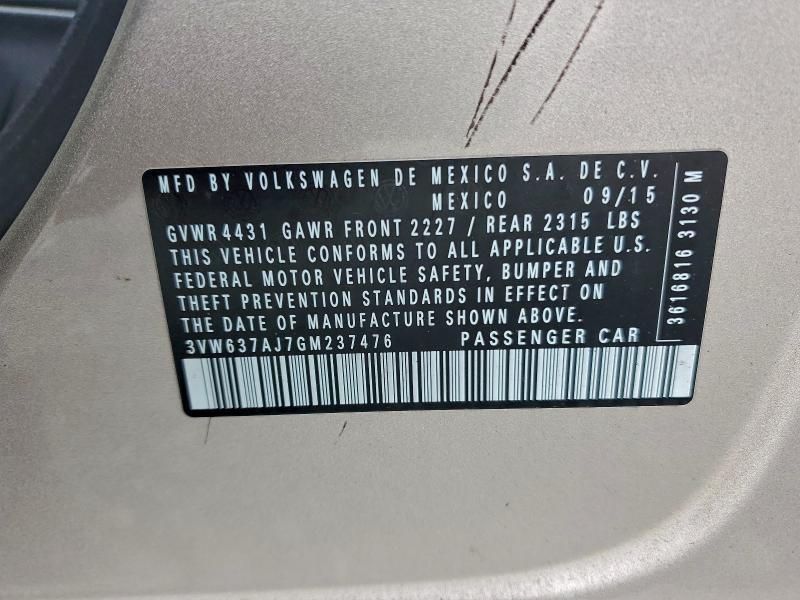 Продажа на аукционе авто 2016 Volkswagen Jetta, vin: 3VW637AJ7GM237476, номер лота: 95024695