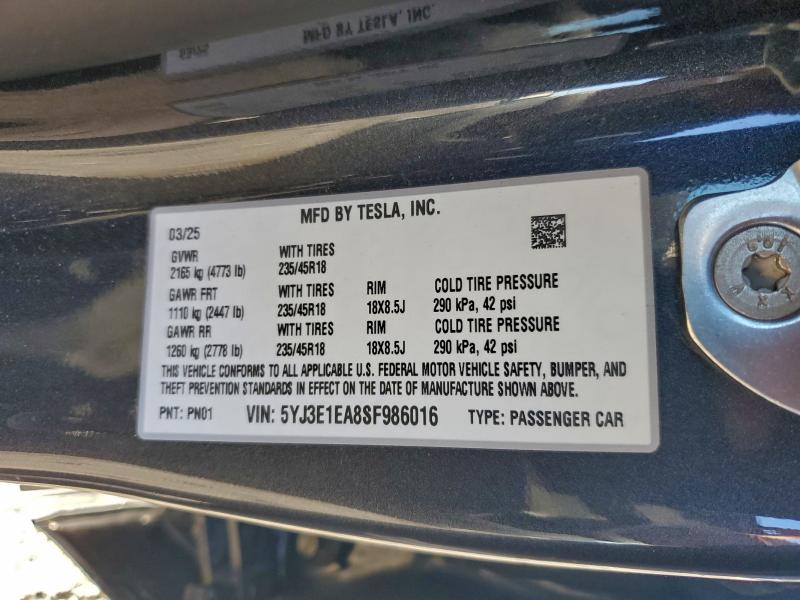 Продажа на аукционе авто 2025 Tesla Model 3, vin: 5YJ3E1EA8SF986016, номер лота: 95724325