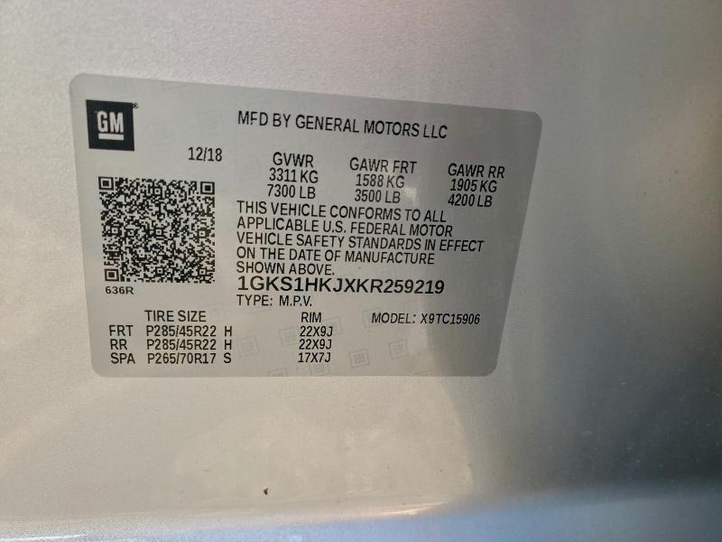 95741745 :رقم المزاد ، 1GKS1HKJXKR259219 vin ، 2019 Gmc Yukon Xl مزاد بيع