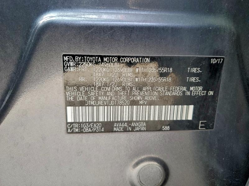 2018 Toyota Rav4 Hybrid მანქანა იყიდება აუქციონზე, vin: JTMDJREV1JD178520, აუქციონის ნომერი: 94497395