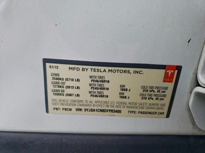 2013 Tesla Model S მანქანა იყიდება აუქციონზე, vin: 5YJSA1CN8DFP03405, აუქციონის ნომერი: 96255285