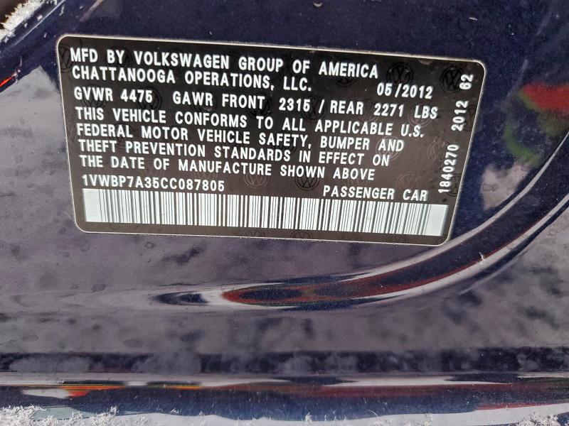 Продажа на аукционе авто 2012 Volkswagen Passat Se, vin: 1VWBP7A35CC087805, номер лота: 94779055