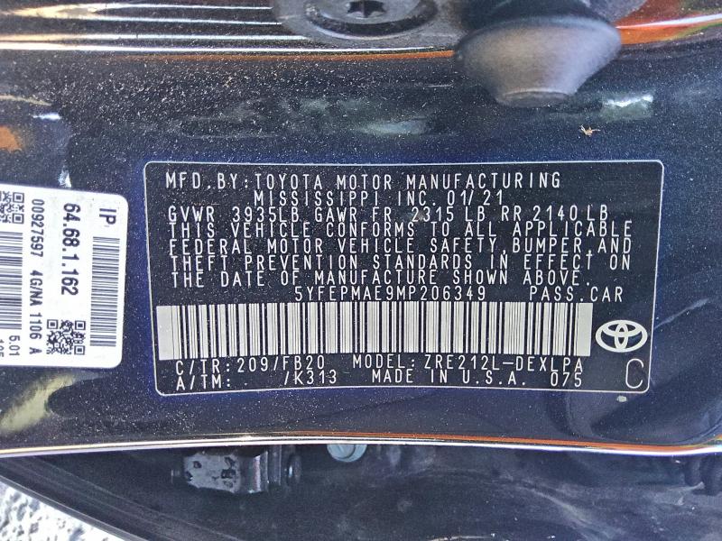 Продаж на аукціоні авто 2021 Toyota Corolla, vin: 5YFEPMAE9MP206349, номер лоту: 94035895