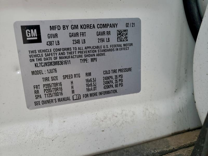 95214635 :رقم المزاد ، KL7CJNSM3MB361611 vin ، 2021 Chevrolet Trax مزاد بيع