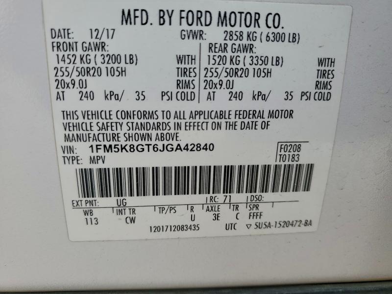 97102275 :رقم المزاد ، 1FM5K8GT6JGA42840 vin ، 2018 Ford Explorer S مزاد بيع