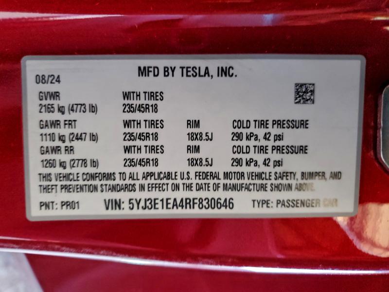 Aukcja sprzedaży 2024 Tesla Model 3, vin: 5YJ3E1EA4RF830646, numer aukcji: 93720265