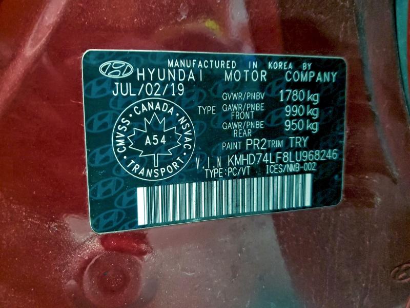 95223145 :رقم المزاد ، KMHD74LF8LU968246 vin ، 2020 Hyundai Elantra مزاد بيع