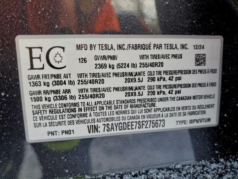 2025 Tesla Model Y მანქანა იყიდება აუქციონზე, vin: 7SAYGDEE7SF275673, აუქციონის ნომერი: 95616915