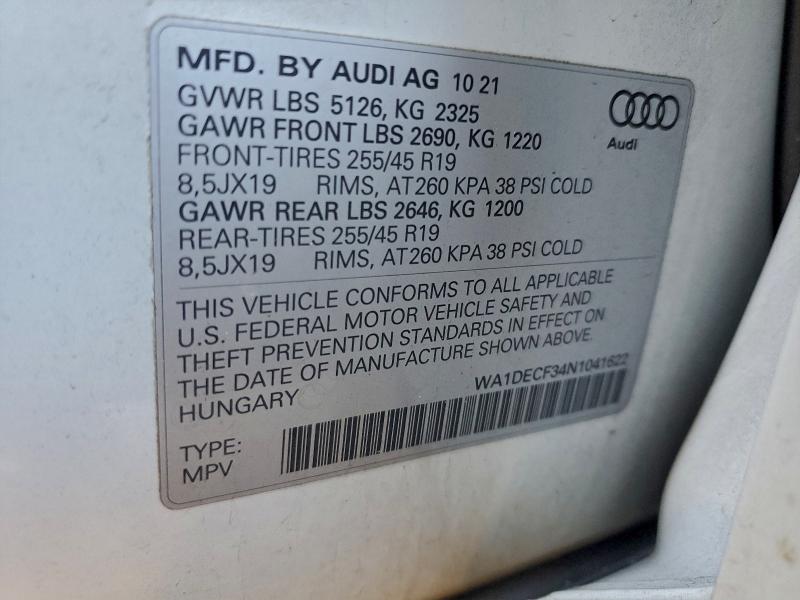 2022 Audi Q3 მანქანა იყიდება აუქციონზე, vin: WA1DECF34N1041622, აუქციონის ნომერი: 94555125