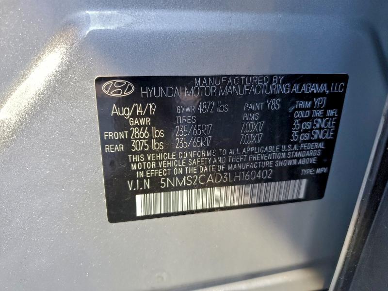 Aukcja sprzedaży 2020 Hyundai Santa Fe, vin: 5NMS2CAD3LH160402, numer aukcji: 95182865