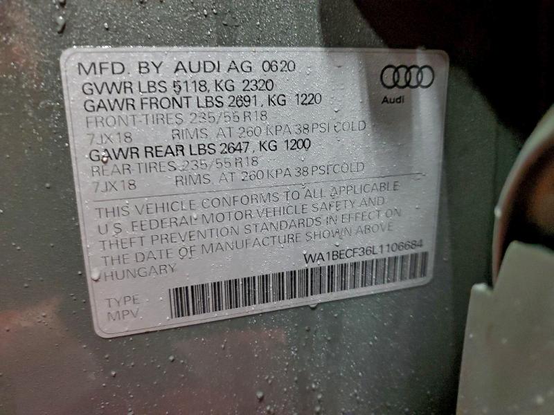 96440425 :رقم المزاد ، WA1BECF36L1106684 vin ، 2020 Audi Q3 مزاد بيع