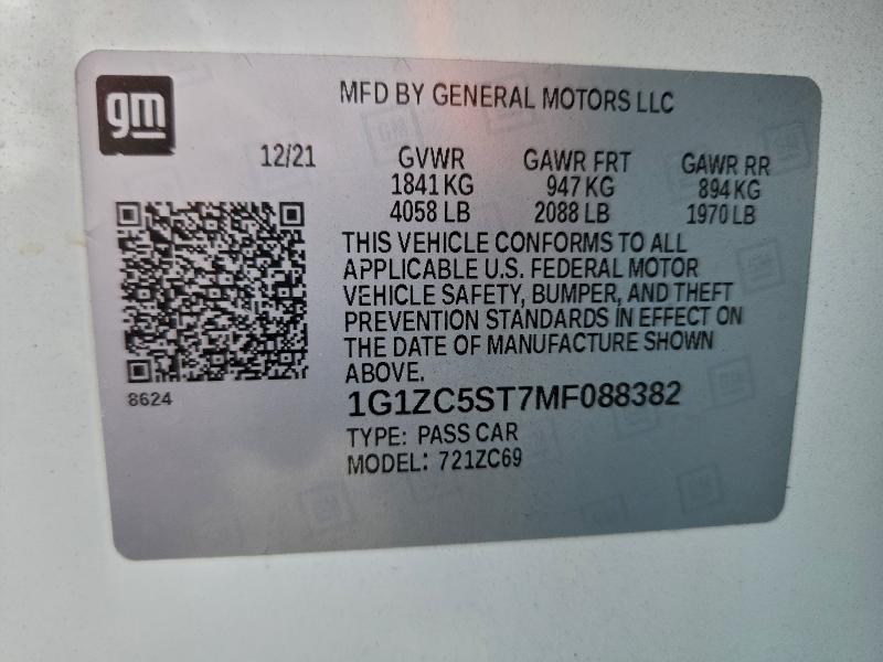 95472595 :رقم المزاد ، 1G1ZC5ST7MF088382 vin ، 2021 Chevrolet Malibu مزاد بيع