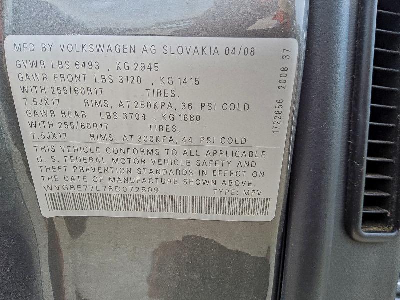 93184425 :رقم المزاد ، WVGBE77L78D072509 vin ، 2008 Volkswagen Touareg 2 مزاد بيع