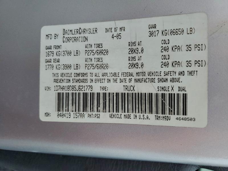 Продажа на аукционе авто 2005 Dodge Ram 1500, vin: 1D7HA18D85J621779, номер лота: 96042455