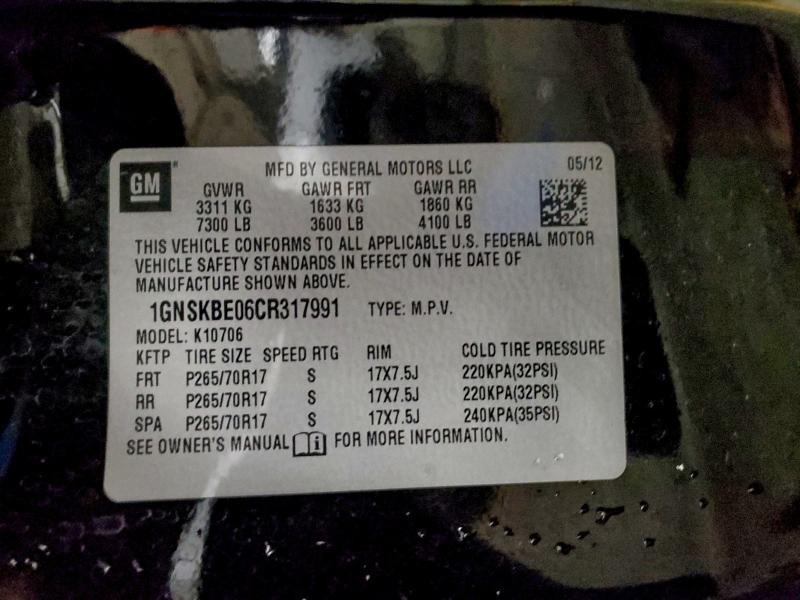 Продаж на аукціоні авто 2012 Chevrolet Tahoe, vin: 1GNSKBE06CR317991, номер лоту: 97140865