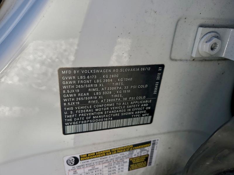 Aukcja sprzedaży 2013 Volkswagen Touareg V6, vin: WVGEF9BP5DD001674, numer aukcji: 96540725